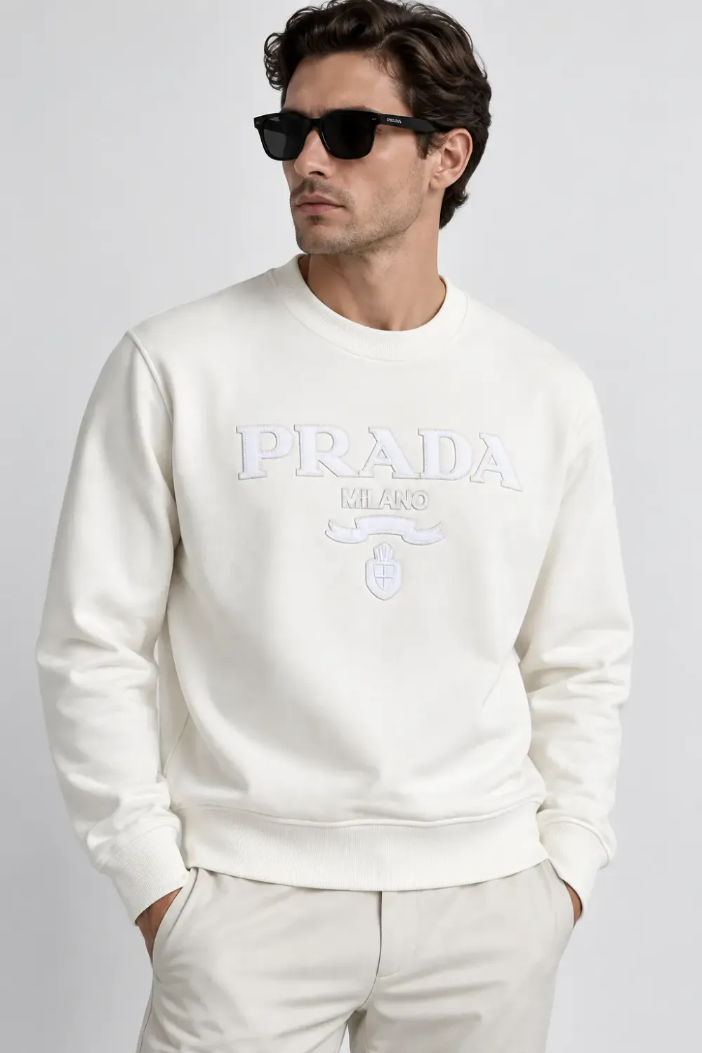 prada white logo sweatshirt men model front fit with tonal Prada Milano chest design