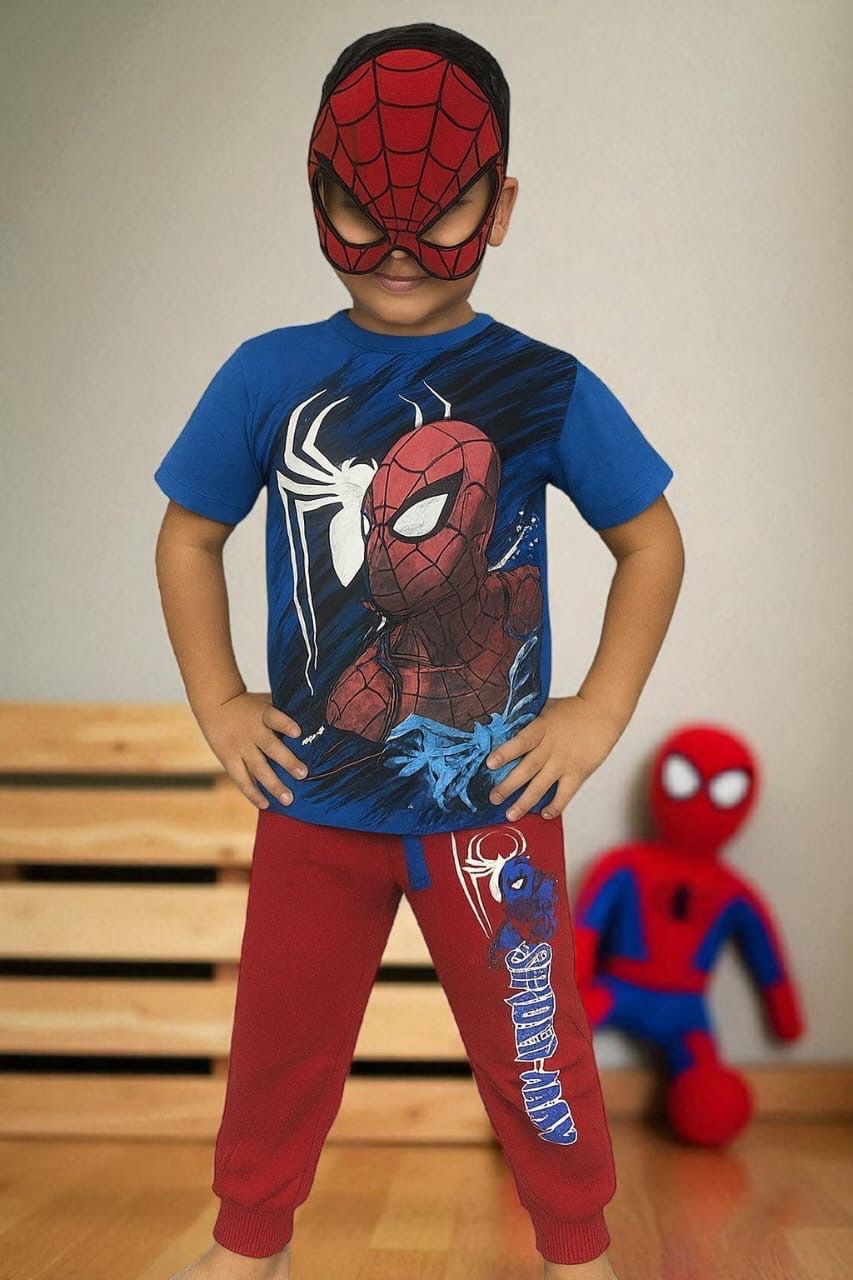 طقم سبايدر مان روعة من ٣ قطع شورت وبنطلون وقناع