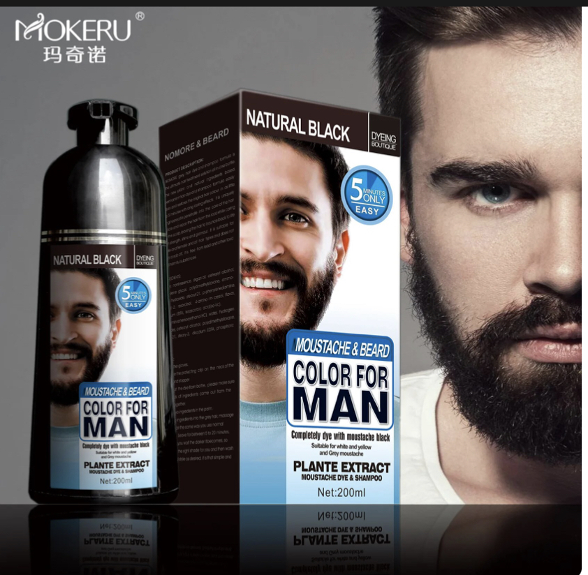 Mokeru Beard and Hair Color Dye Shampoo for Men Permanent Darkening Hair Coloring, Long Lasting, 200ml