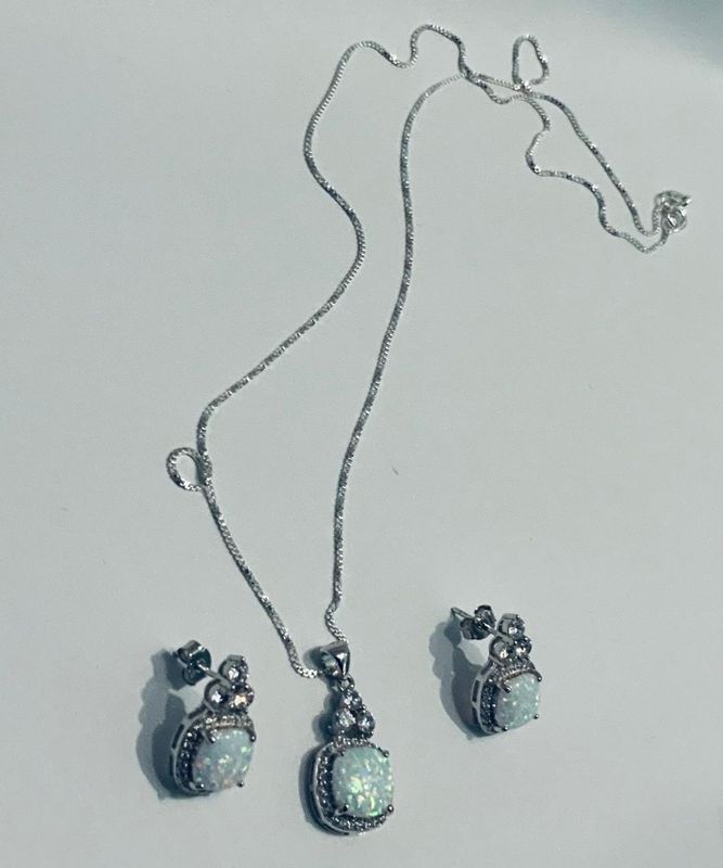 Sterling Silver .925 Created Opal Necklace Set