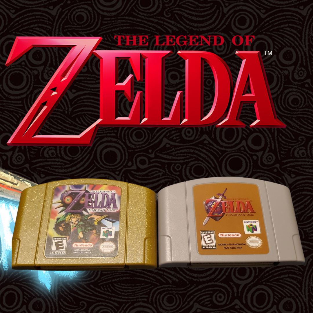 The Legend of Zelda: Ocarina of Time &amp; Majora's Mask Nintendo 64 cartridges – landmark action-adventure duo.