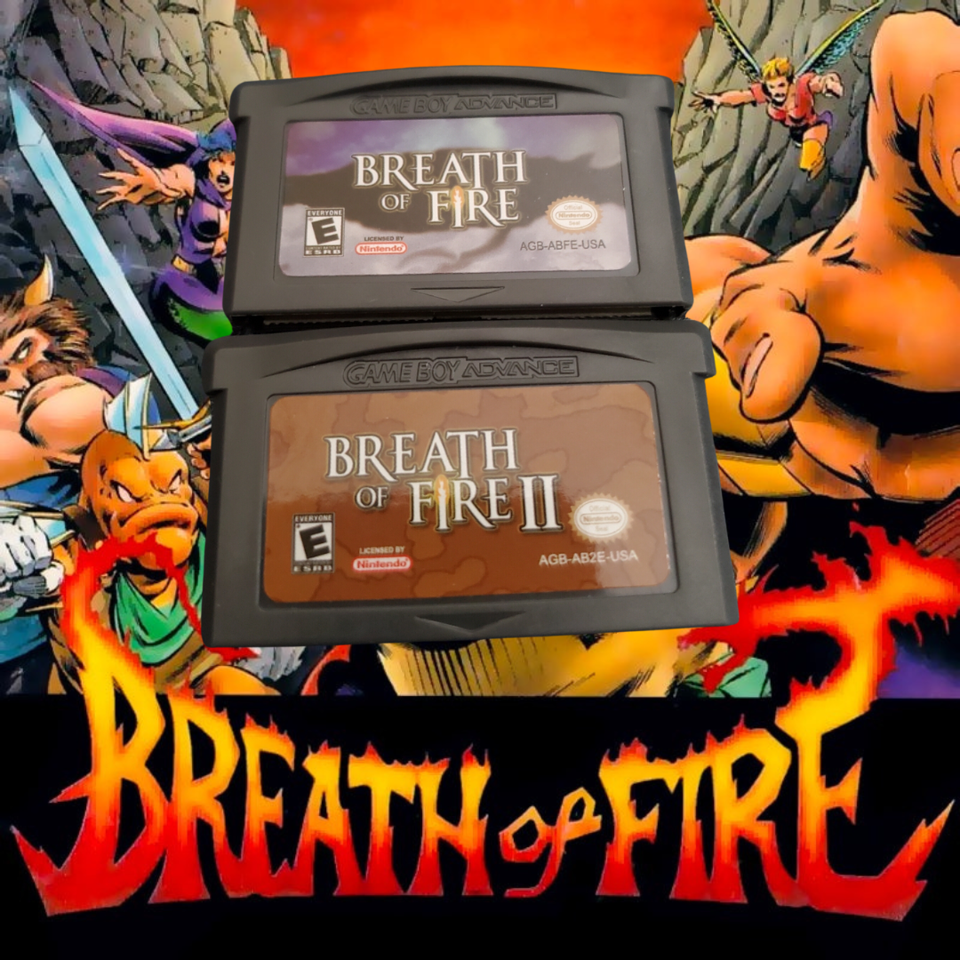 Breath of Fire 1 &amp; 2 Gameboy Advance cartridges – classic JRPG collection.