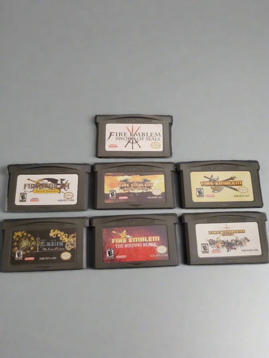 Fire Emblem Games for Gameboy Advance! 7 grey Nintendo carts, ESRB rated, clean, vibrant labels.