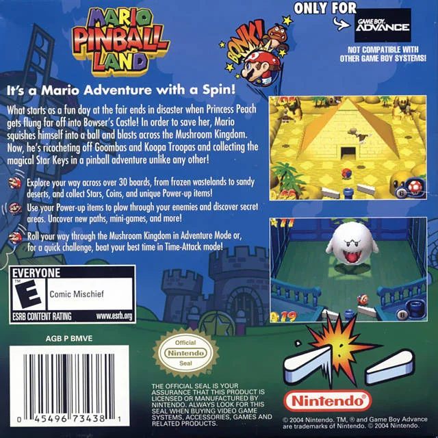 Mario Pinball Land for Gameboy Advance (GBA) back cover art