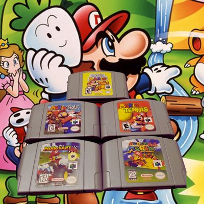 Mario Kart, Tennis, Golf, Paper Mario &amp; Super Mario 64 Nintendo 64 cartridges – iconic Mario game collection.