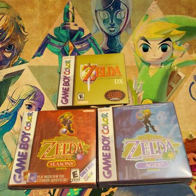 Zelda Oracle of Ages, Oracle of Seasons &amp; Link's Awakening Gameboy Color cartridges – classic action-adventure trilogy.