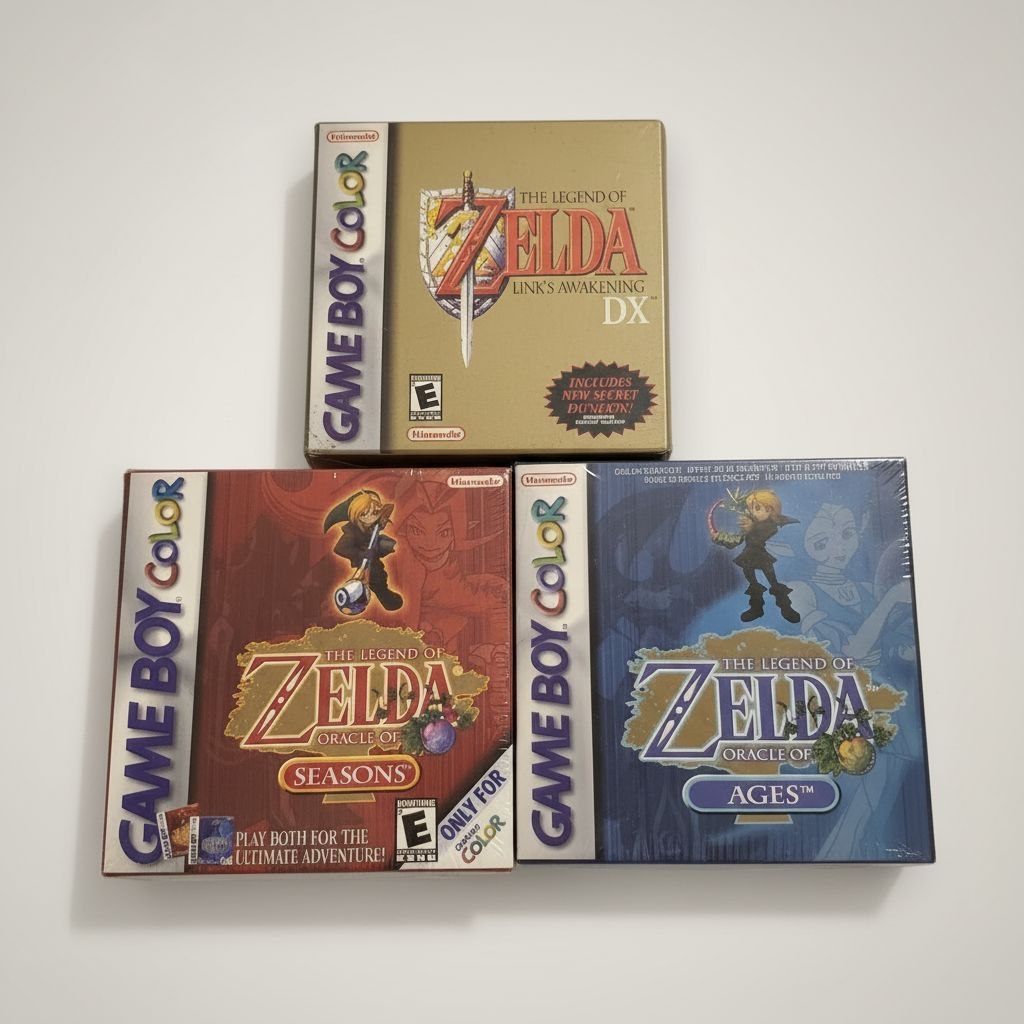 Legend of Zelda Oracle of Ages, Oracle of Seasons, & Links Awakening for Gameboy Color — Complete Bundle with Reproduction Boxes for Gameboy Color (GBC)