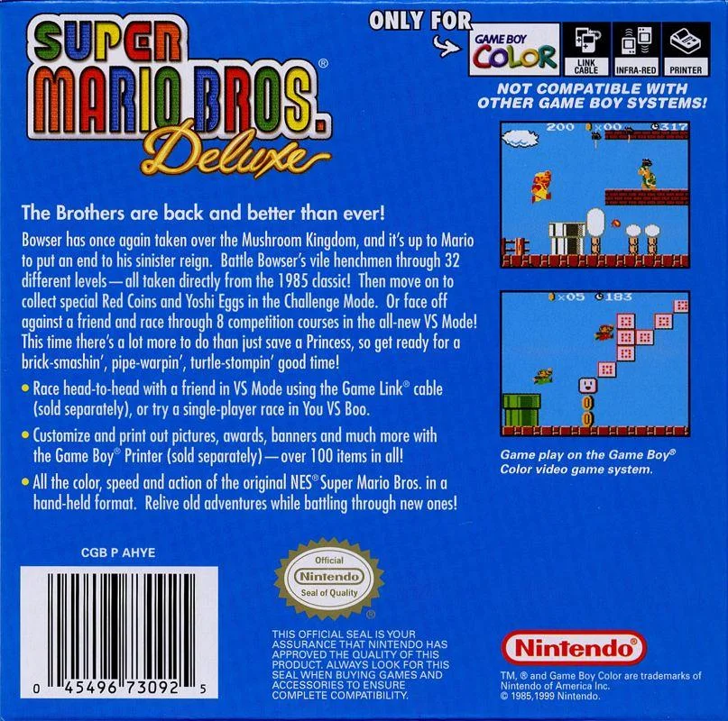 Super Mario Bros. Deluxe – Nintendo Game Boy Color (GBC) Platformer Game back cover art