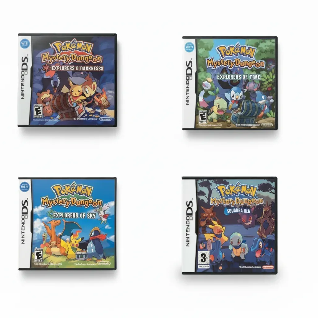 Pokemon Mystery Dungeon Games - Nintendo DS - Blue Rescue team, Explorers of Time, Sky, Darkness — Complete Bundle with Reproduction Boxes for Nintendo DS
