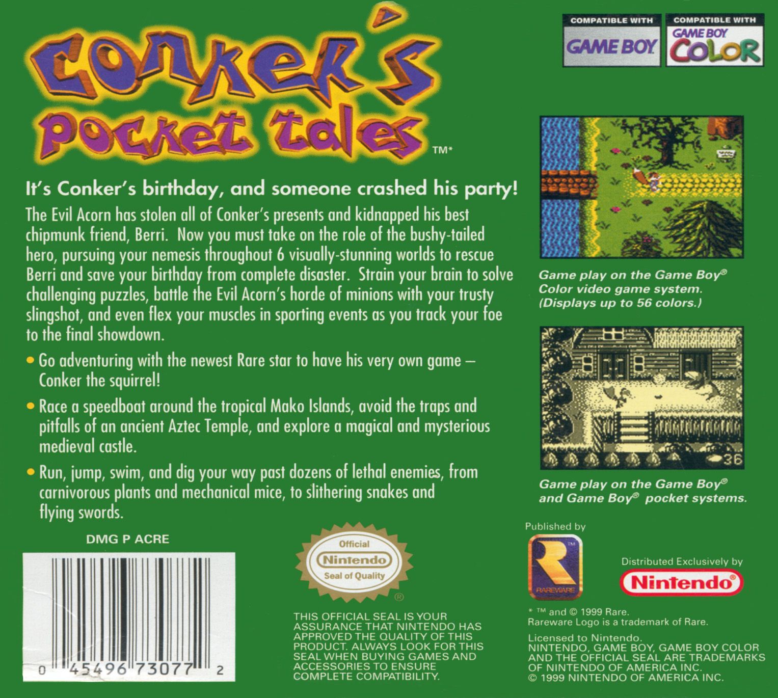 Conker's Pocket Tales – Nintendo Game Boy Color (GBC) Action-Adventure Game back cover art
