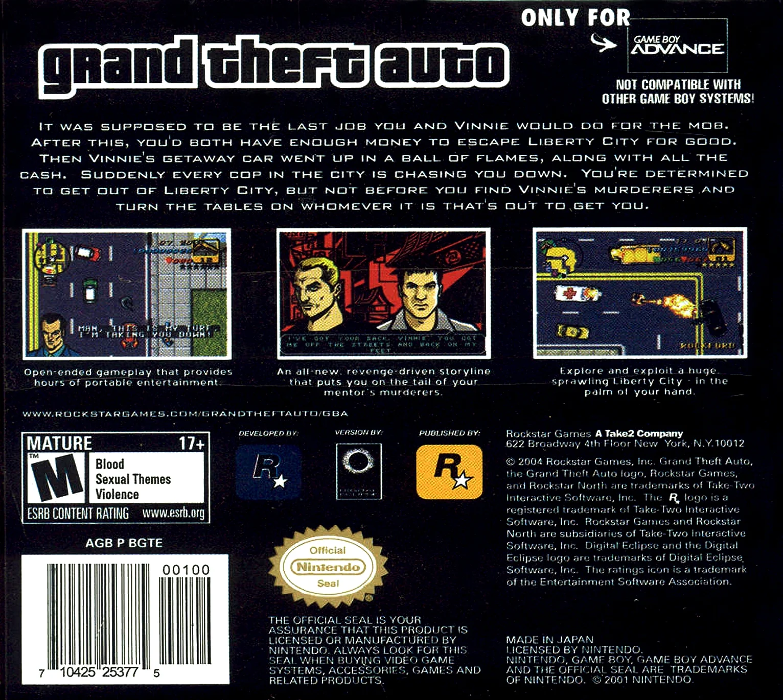 Grand Theft Auto - Nintendo Gameboy Advance GBA Game back cover art