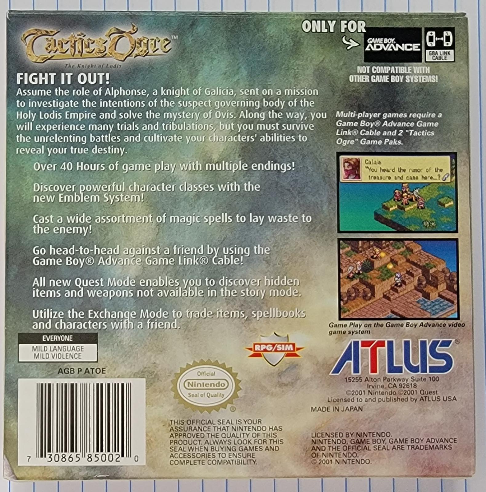 Tactics Ogre: The Knight of Lodis – Nintendo Game Boy Advance (GBA) Strategy Game back cover art
