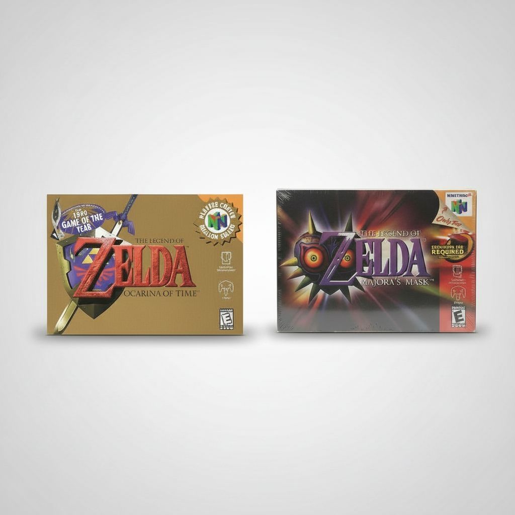 Zelda Ocarina of Time & Zelda Majoras Mask — Complete Bundle with Reproduction Boxes for Nintendo 64