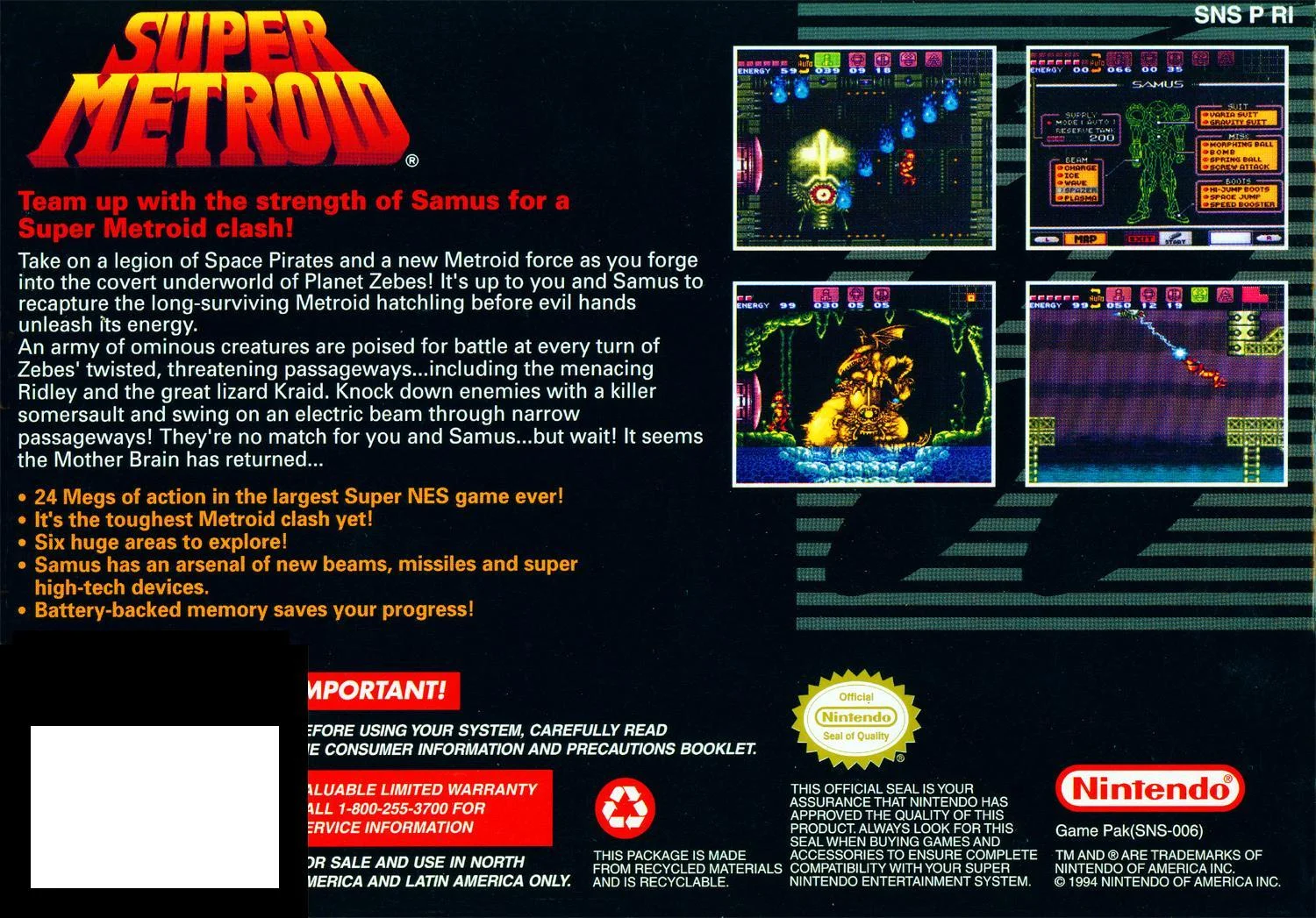 Super Metroid – Super Nintendo Entertainment System (SNES) Action-Adventure Game back cover art