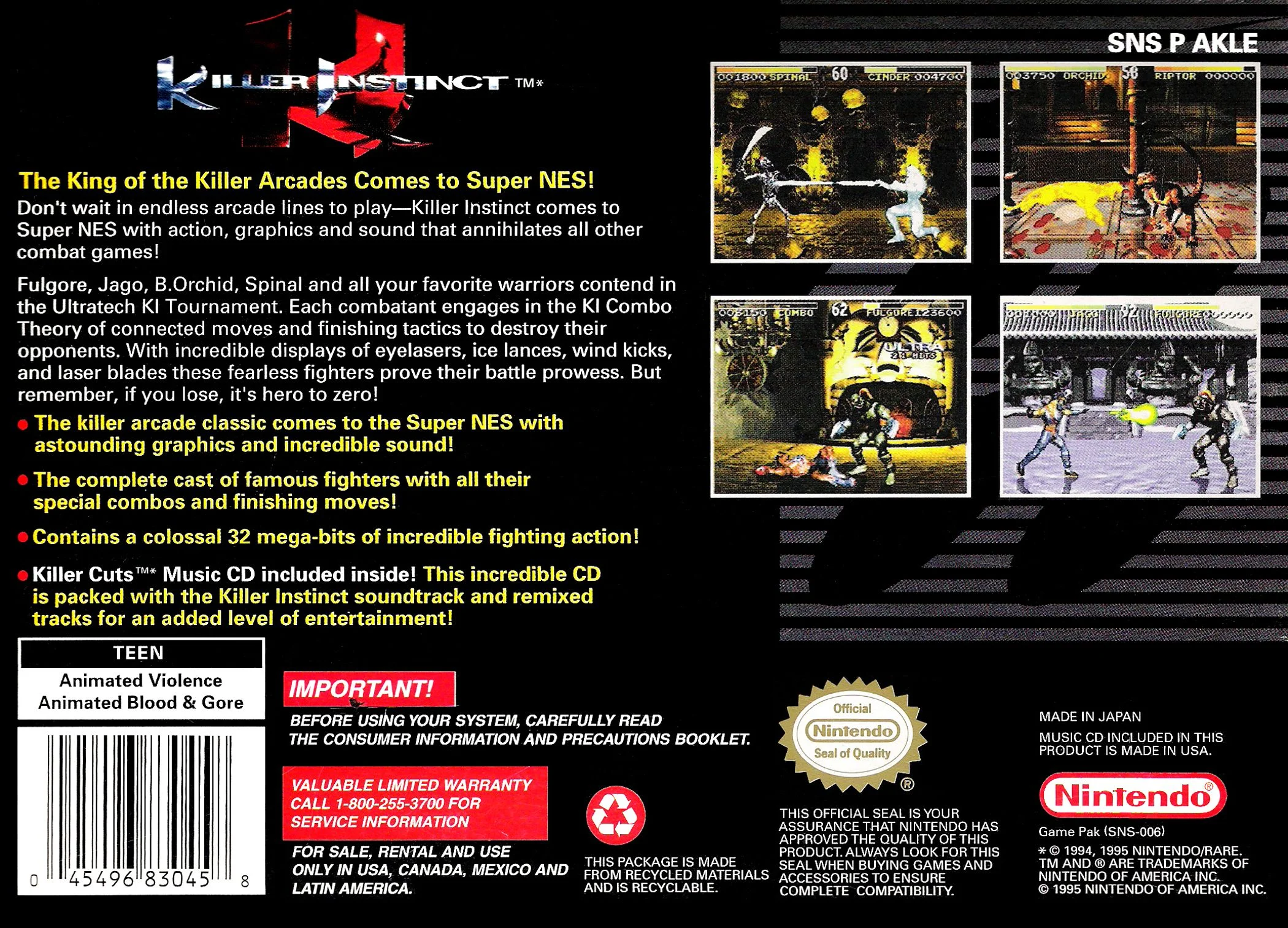 Killer Instinct – Super Nintendo Entertainment System (SNES) Fighting Game back cover art