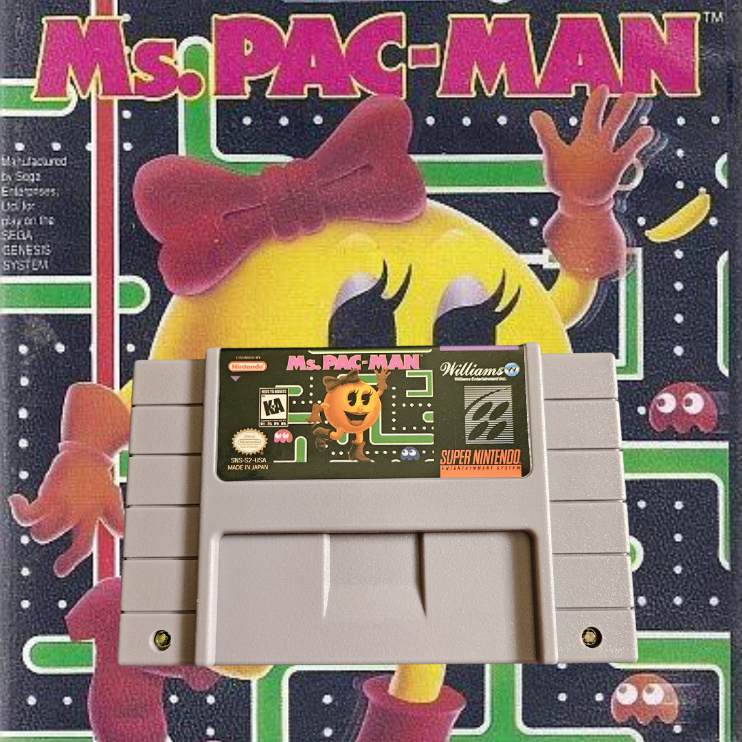 Ms. Pac-Man SNES cartridge front – enhanced maze arcade classic.