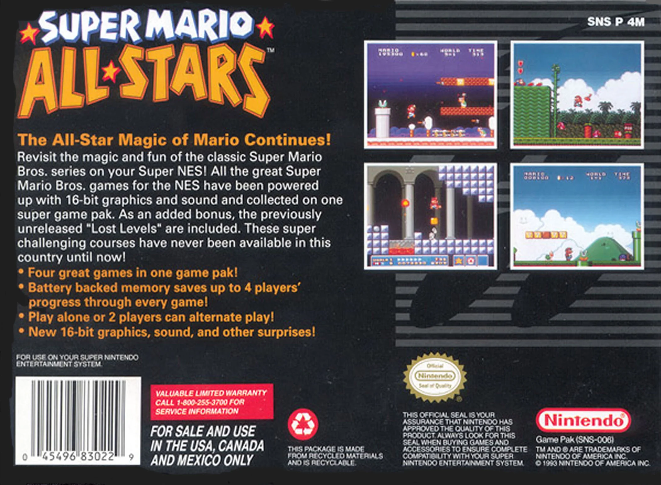 Super Mario All-Stars – Super Nintendo Entertainment System (SNES) Platformer Game back cover art