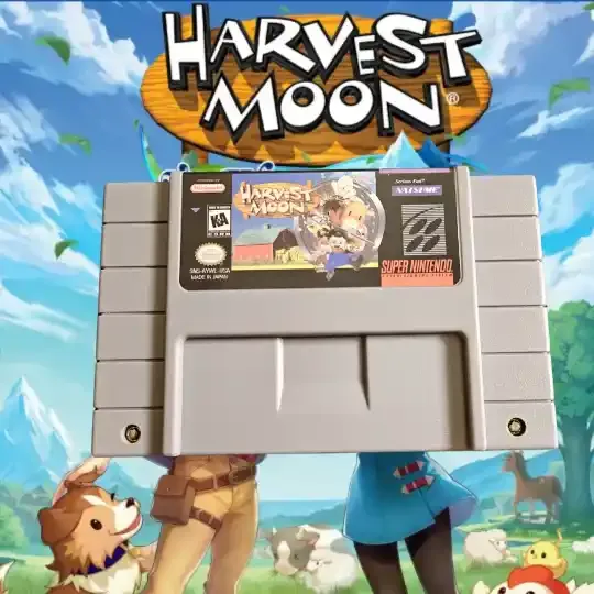 Harvest Moon SNES cartridge front label with farm and characters