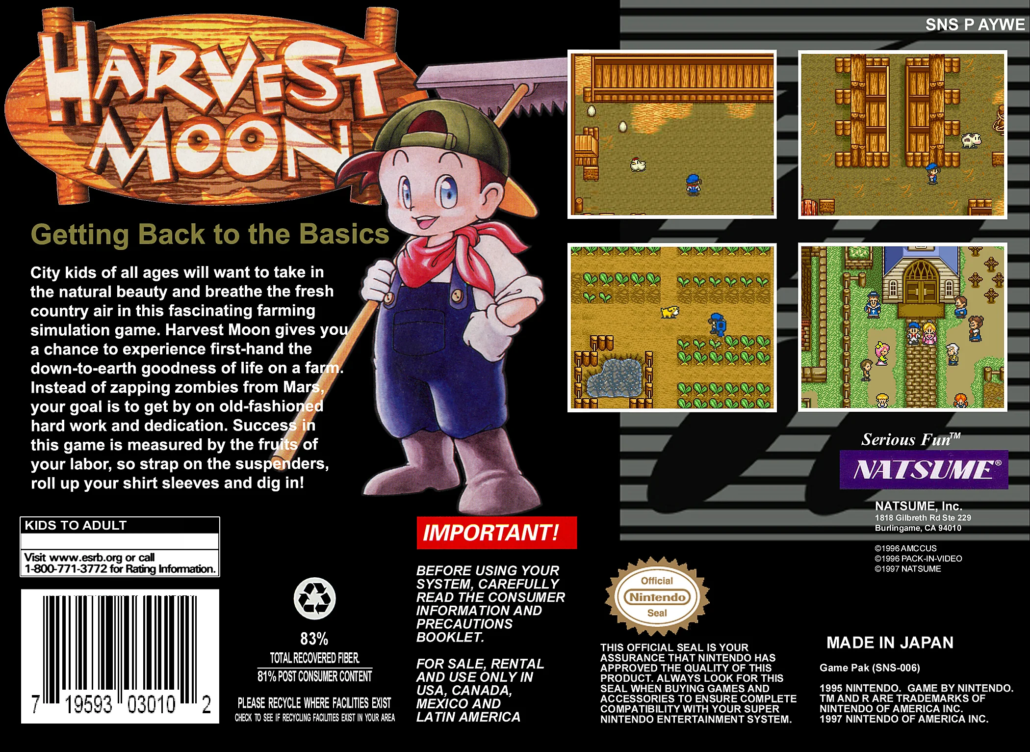 Harvest Moon – Super Nintendo Entertainment System (SNES) Farming Simulation Game back cover art