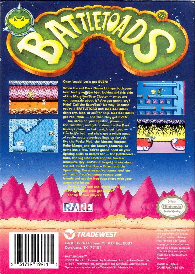 Battletoads – Nintendo Entertainment System (NES) Action Platformer Game back cover art