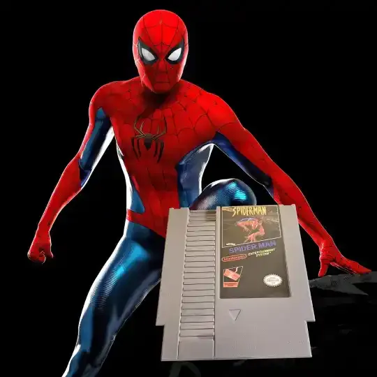 Spider-Man NES video game box art featuring Spider-Man swinging on a web