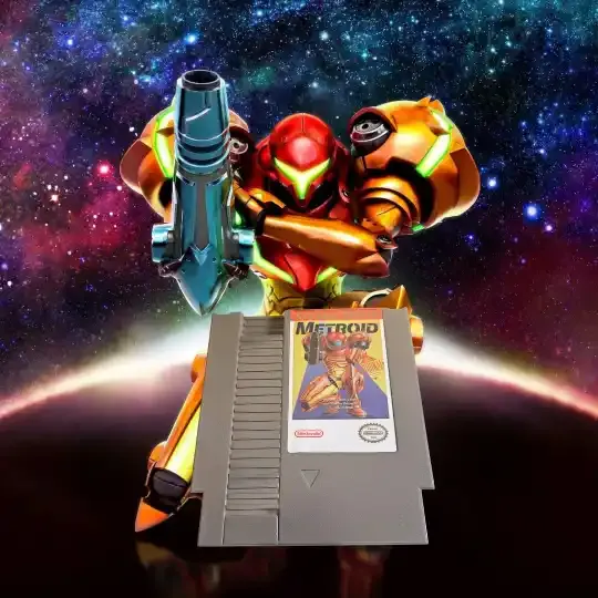 Original Metroid NES cartridge featuring Samus Aran artwork
