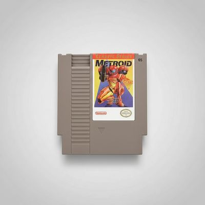 Close-up of the Metroid Nintendo Entertainment System game label showing serial number