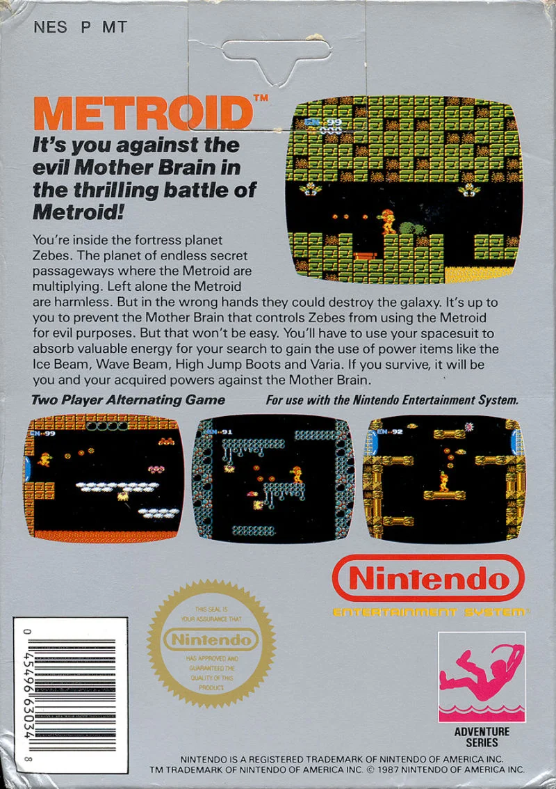 Metroid – Nintendo Entertainment System (NES) Action-Adventure Game back cover art