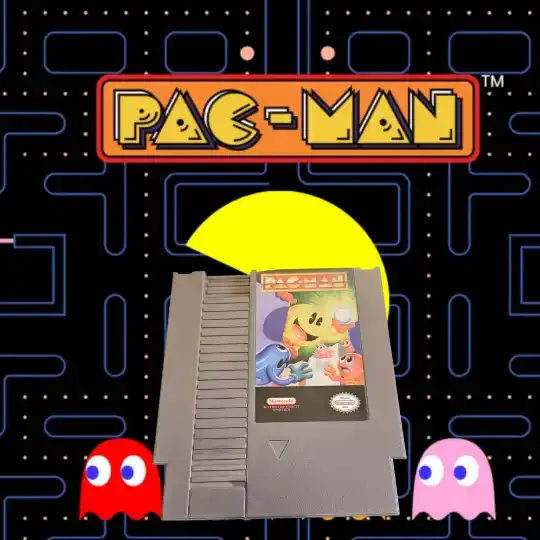 Pac-Man for NES cartridge featuring yellow Pac-Man and ghosts on the label