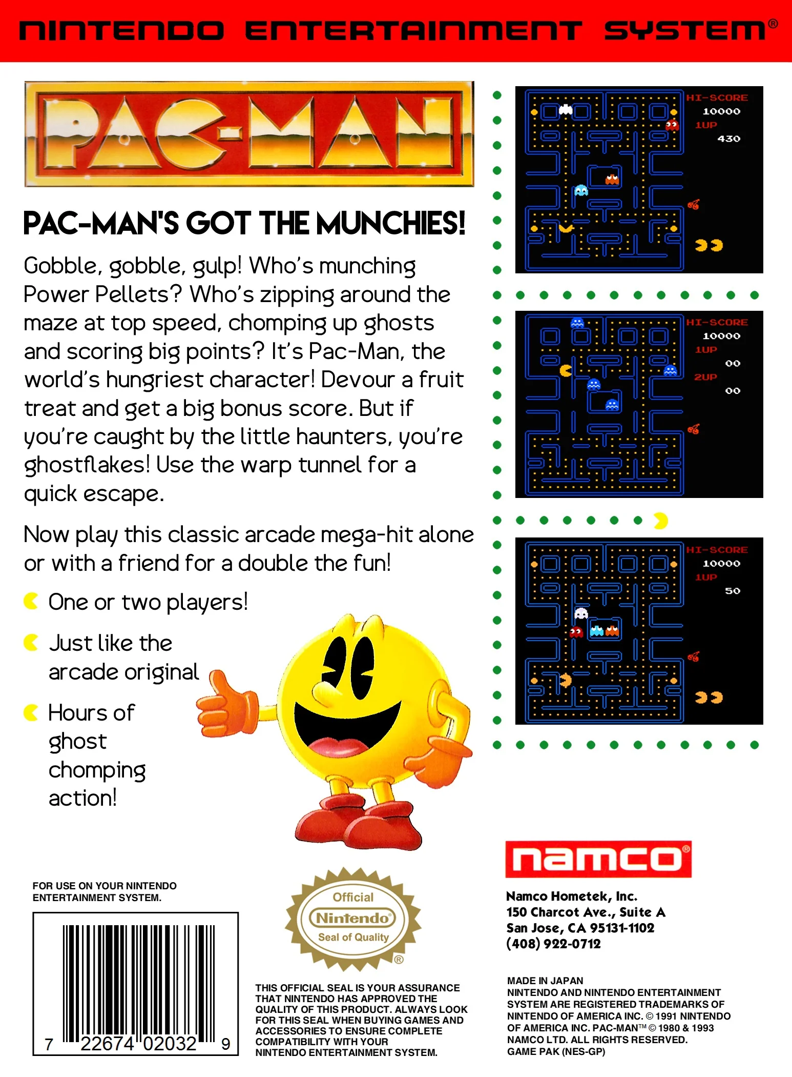 Pac-Man – Nintendo Entertainment System (NES) Arcade Maze Game back cover art