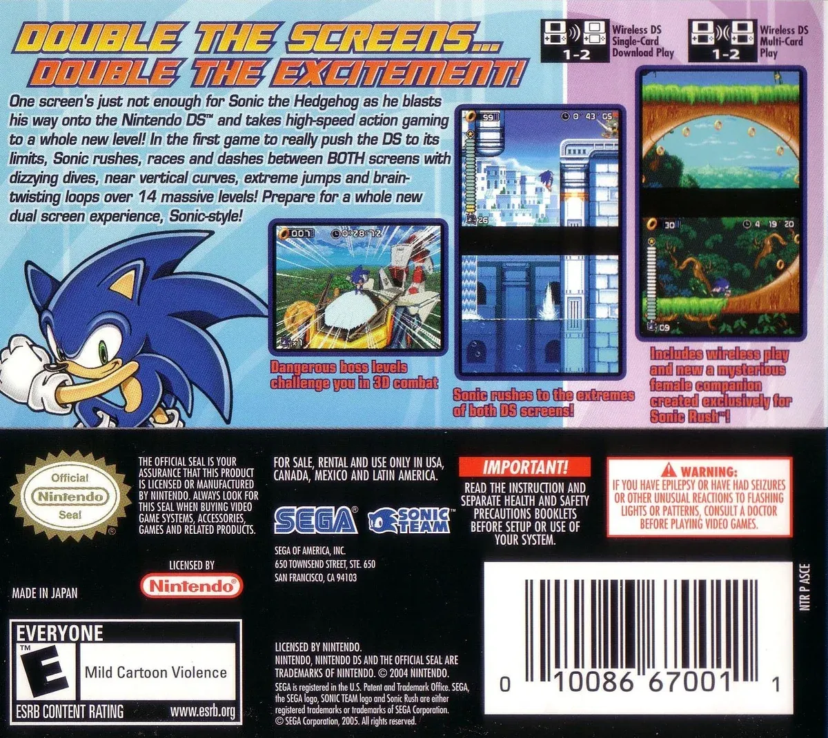 Back cover art for the Sonic Rush Nintendo DS game featuring gameplay screenshots, Sonic branding, and ESRB rating