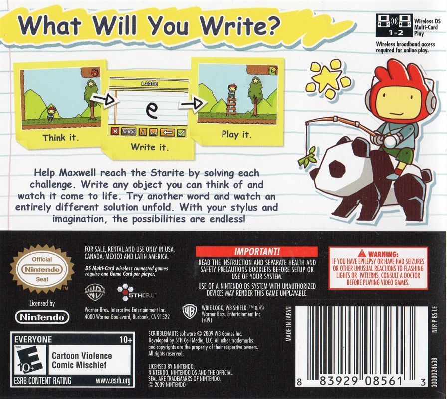 Back cover of Scribblenauts for Nintendo DS featuring gameplay graphics, the character Maxwell on a panda, and info