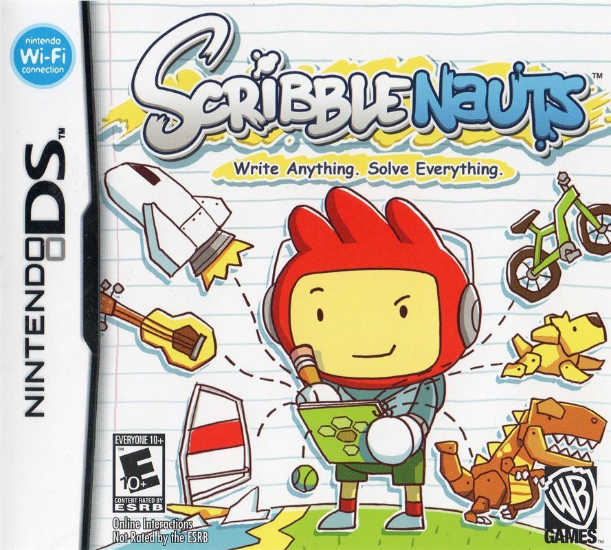 Front cover art for the Scribblenauts Nintendo DS game featuring a notebook-wielding character on a lined paper background