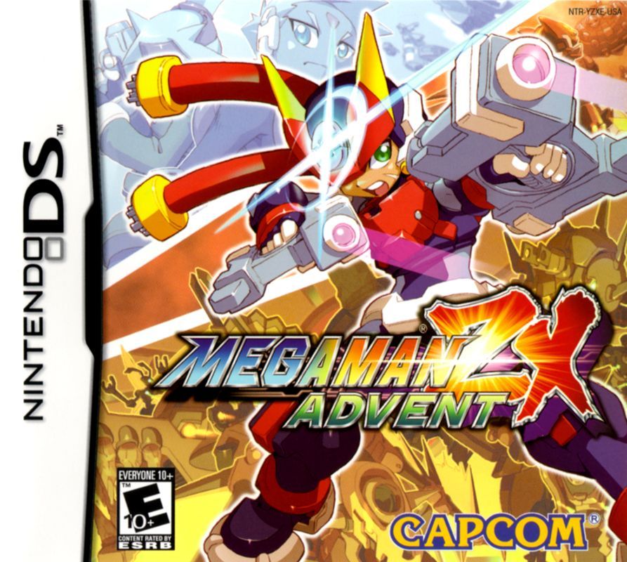 Front cover art for the Nintendo DS game Mega Man ZX Advent featuring the protagonist in red armor with blasters
