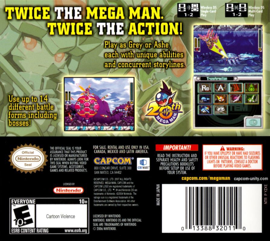 The back cover of Mega Man ZX Advent for Nintendo DS featuring game screenshots, feature highlights, and ESRB rating