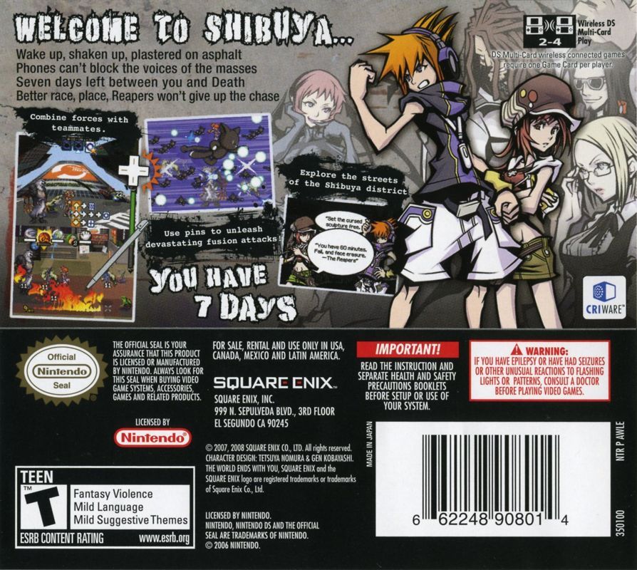 Back cover of TWEWY The World Ends with You for Nintendo DS featuring character art, gameplay screenshots, and text