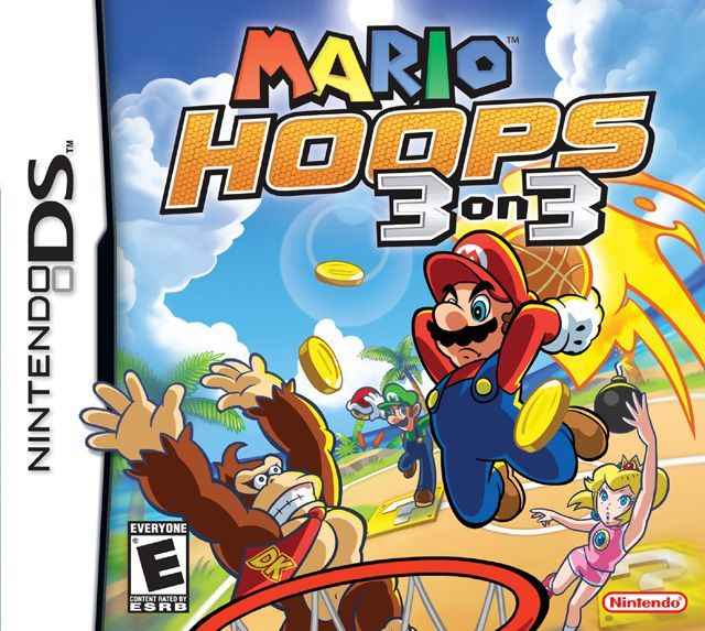 Front cover art for Mario Hoops 3-on-3 on Nintendo DS featuring Mario, Donkey Kong, and Peach on a basketball court