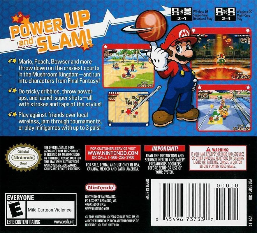 Back cover art for Mario Hoops 3-on-3 on Nintendo DS featuring game screenshots, descriptions, and Mario branding