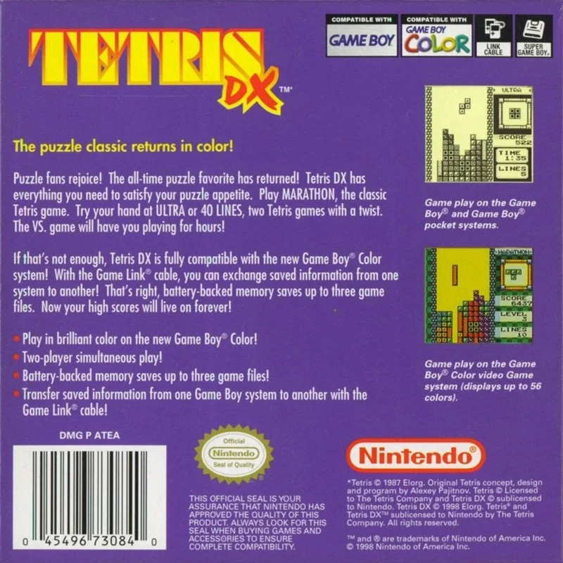 Tetris DX – Nintendo Game Boy Color (GBC) Puzzle Game back cover art