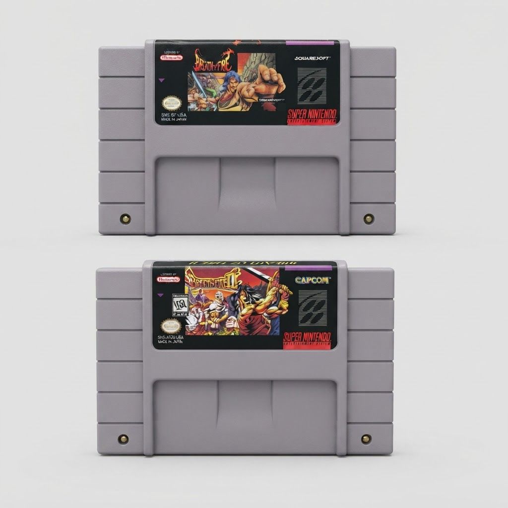 Front view of Breath of Fire 1 &amp; 2 for SNES game cartridges featuring gray plastic shells and vibrant labels