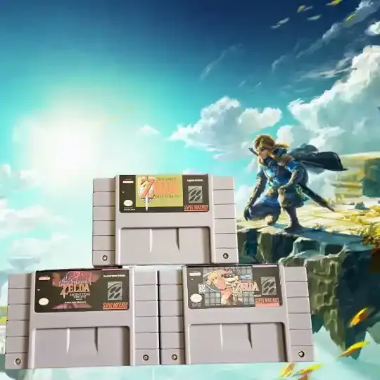 Close-up of the SNES cartridge top label showing game titles in the Zelda collection