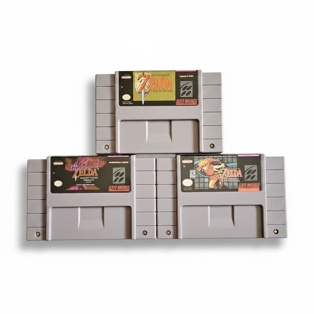 Close-up of the SNES Zelda Game cartridges Ancient Stone Tablet, Parallel Worlds, Link to the Past