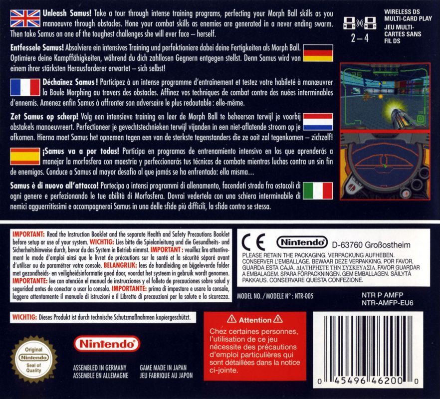 Back cover art for Metroid Prime Hunters: First Hunt on Nintendo DS featuring multi-language text and gameplay shots