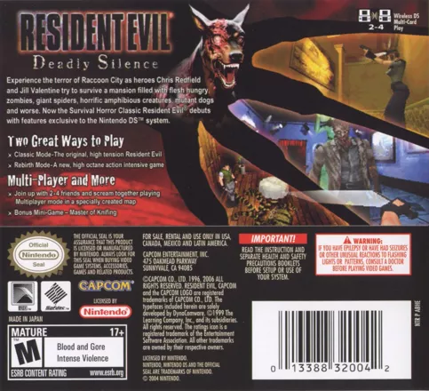 Back cover of Resident Evil Deadly Silence for Nintendo DS featuring game screenshots and a zombie dog illustration