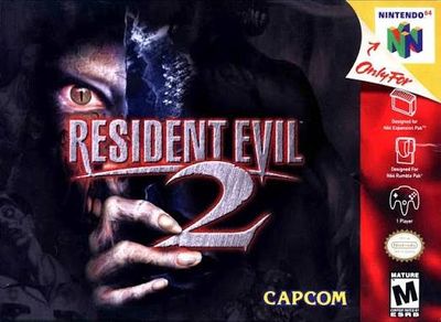 Resident Evil 2 Nintendo 64! Dark Capcom box art, red side banner, zombie eye, Rumble Pak logo.