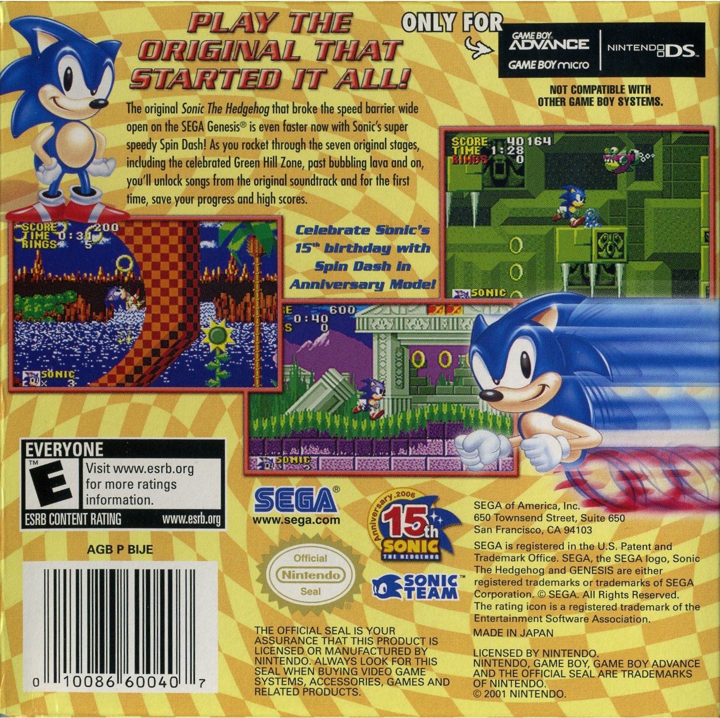 Sonic The Hedgehog Genesis – Nintendo Game Boy Advance (GBA) Platformer Game back cover art