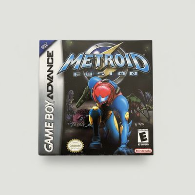 Metroid Fusion Gameboy Advance Game (GBA) Metroid Fusion Gameboy Advance Game GBAbox art. Blue suit Samus, Nintendo logo