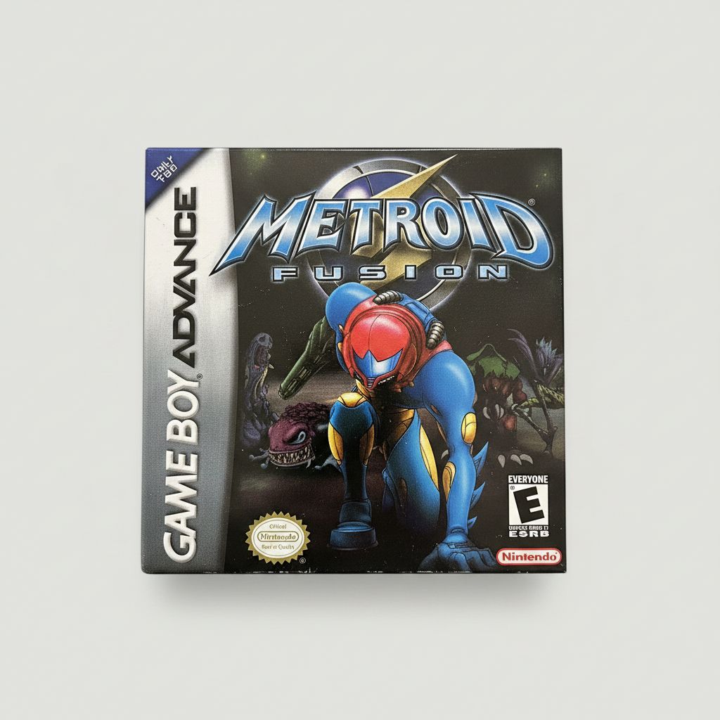 Metroid Fusion Gameboy Advance Game GBAbox art. Blue suit Samus, Nintendo logo