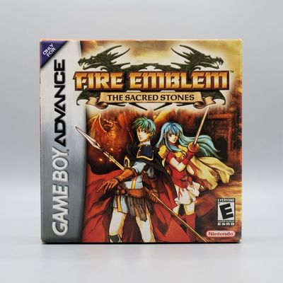 Front view of the Game Boy Advance game Fire Emblem The Sacred Stones in its original cardboard box