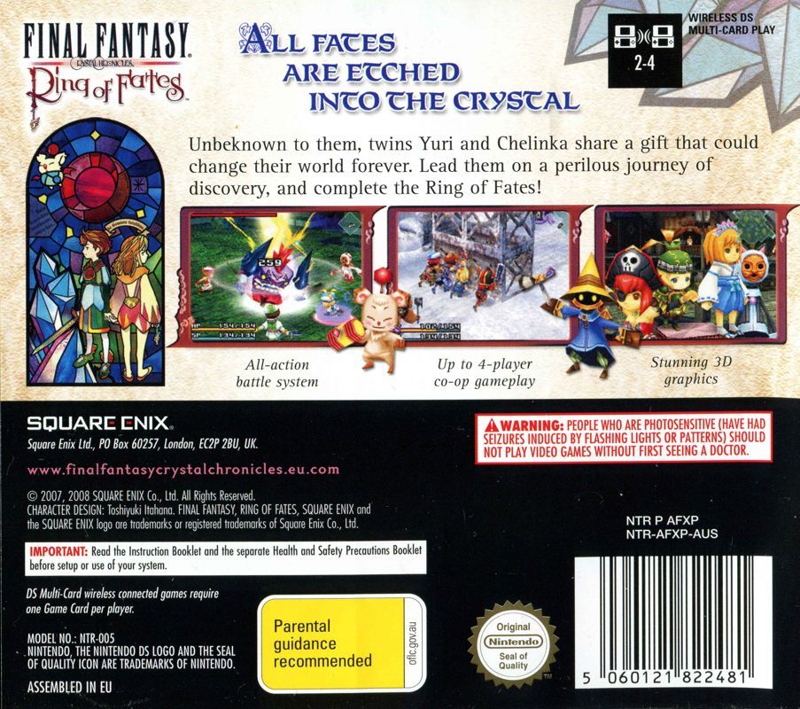 Back cover art for Final Fantasy Crystal Chronicles: Ring of Fates on Nintendo DS featuring gameplay screens and text